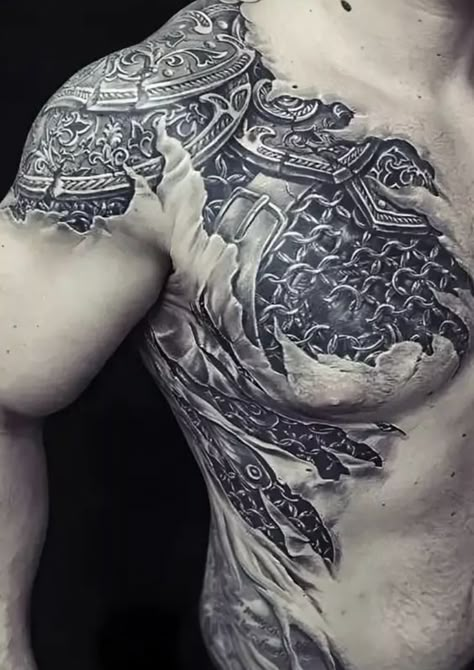 Armor Sleeve Tattoo, Skin Tear Tattoo, Armor Of God Tattoo, Viking Tattoos For Men, Armour Tattoo, Shoulder Armor Tattoo, Body Armor Tattoo, Viking Tattoo Sleeve, Armor Tattoo