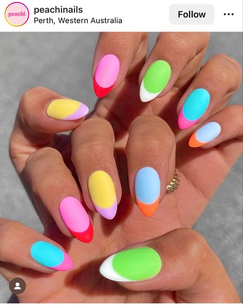 Matte French 🌈 Multicolour Nails, Neon Nail Colors, Nail Polish Colors Summer, Spring Break Nails, Multicolored Nails, Neon Nail Designs, Unghie Sfumate, Broken Nails, Colorful Nail