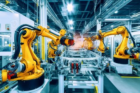 Industrial welding robotic arm in production line manufacturing plant, Automated robot arm assembly line manufacturing Robotic Automation, Building Management, Control Panels, Manufacturing Plant, Corporate Training, Global Business, Robotics, Oil And Gas, Solar Energy