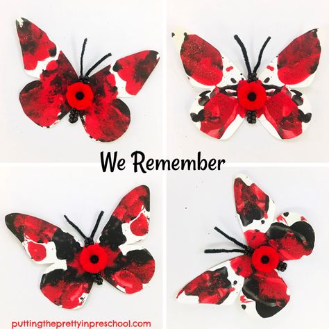 "We Remember" butterfly craft for Remembrance Day. Squish painted butterfly accented with beadwork, glitter, and a poppy. #butterflycraft #RemembranceDayCraft #poppycraft #bulletinboardidea #butterflycraftsforkids Remember Day Activities For Kids, Remembrance Week Activities, Remembrance Day Art For Preschoolers, Poppy Day Eyfs, Remembrance Day Toddler Crafts, Poppy Craft Kindergarten, Remembrance Day Door Decorations, Rembrance Day Craft, Poppy Projects For Kids