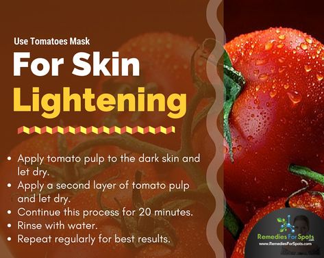 Apply tomato mask daily to lighten your skin. Tomatoes have natural bleaching and whitening properties that lighten skin. Tomatoes are rich in vitamin C and have astringent properties that makes you fairer. #Tomatoes #SkinCare #SkinWhitening Face Mask For Whitening, Tomato Face Mask, Tomato Mask, Skin Tightening Mask, Tomato Face, Dry Skin Makeup, Natural Bleach, Peeling Mask, Dry Skin On Face