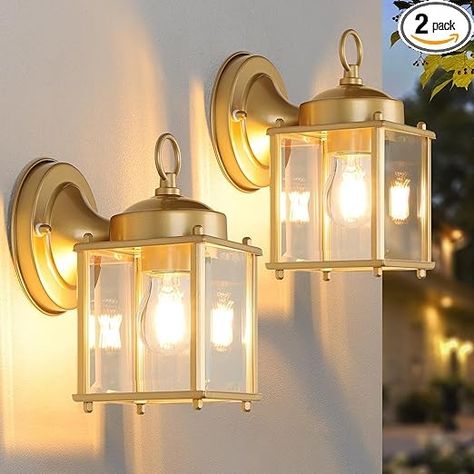 MATAMEYE Outdoor Wall Lantern, Exterior Waterproof Wall Sconce Light Fixtures, Gold Front Door Wall Lighting with Clear Beveled Glass Shade, 2 Pack - Amazon.com Exterior Wall Light Fixtures, Porch Wall Lights, Black Front Doors, Exterior Light Fixtures, Black Light Fixture, Waterproof Wall, Exterior Wall Light, Lighting Design Interior, Outdoor Wall Lantern