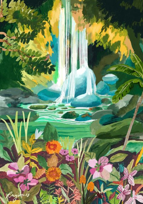 Waterfall Illustration, Travel Illustration Art, Kite Flyer, Chasing Waterfalls, Art Birthday, Travel Illustration, Pink Houses, Flora And Fauna, Natural Wonders