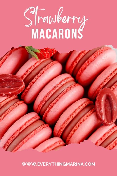 Strawberry Macarons Macaron Flavors Ideas, Strawberry Ganache Recipe, Strawberry Macarons Recipe, Strawberry Ganache, Strawberry Macarons, Melt Chocolate In Microwave, Strawberry Macaron, Macaron Filling, Valrhona Chocolate