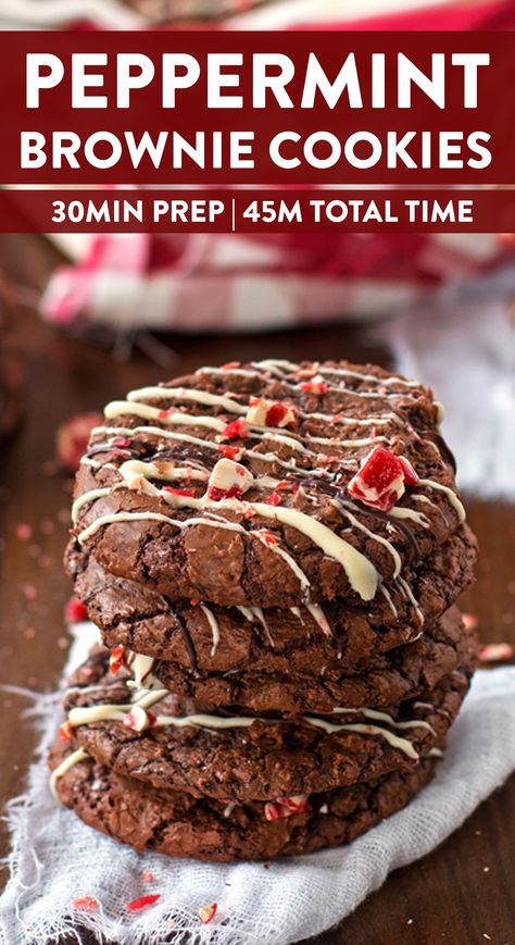 You will love baking up a storm this Christmas with this recipe for Peppermint Brownie Cookies! Deliciously chewy and fudgy cookies full of cocoa flavors are drizzled with chocolate and topped with red and white candies! The perfect holiday treat! Great for a cookie swapping party - better bring a double batch! | #christmas #christmascookies #christmascookierecipes #CookieRecipe #cookies #christmasrecipes #christmasfood #holidayrecipes #holidaybaking #baking #recipes #christmascookieexchange Cookies Flavors, White Candies, Peppermint Brownie Cookies, Fudgy Cookies, Peppermint Brownie, Holiday Candies, Chocolate Chip Shortbread Cookies, New Year's Desserts, Peppermint Brownies