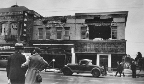 Pacific Boulevard in Huntington Park following the Long Beach earthquake on March 10, 1933. Bizarre Los Angeles. Huntington Park California, Old Neighborhood, Huntington Park, Vintage Los Angeles, Vintage California, Good Memories, Old Images, San Bernardino, Historical Pictures