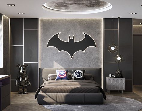 Toddler Boy Room, Graphic Design Interior, Batman Theme, Room Dark, Kids Interior Design, Batman Dark, Toddler Boys Room, Batman The Dark Knight, Kids Interior