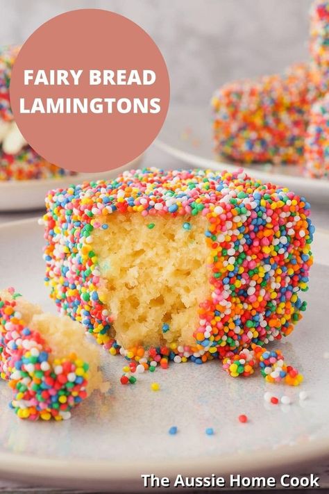 A fairy bread lamington broken open to show the sponge cake inside. Fairy Bread Lamingtons, Fairy Bread Ideas, Fairy Bread Cake, Simple Kids Party, Aussie Desserts, Childcare Crafts, Lamingtons Recipe, White Chocolate Icing, Desserts Around The World