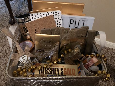 Gold Color Party Basket, Black And Gold Gift Basket, Gold Gift Basket, Big/little Baskets, Brown Baskets, Birthday Basket, Gold Basket, Lindt Lindor, Themed Gift Baskets