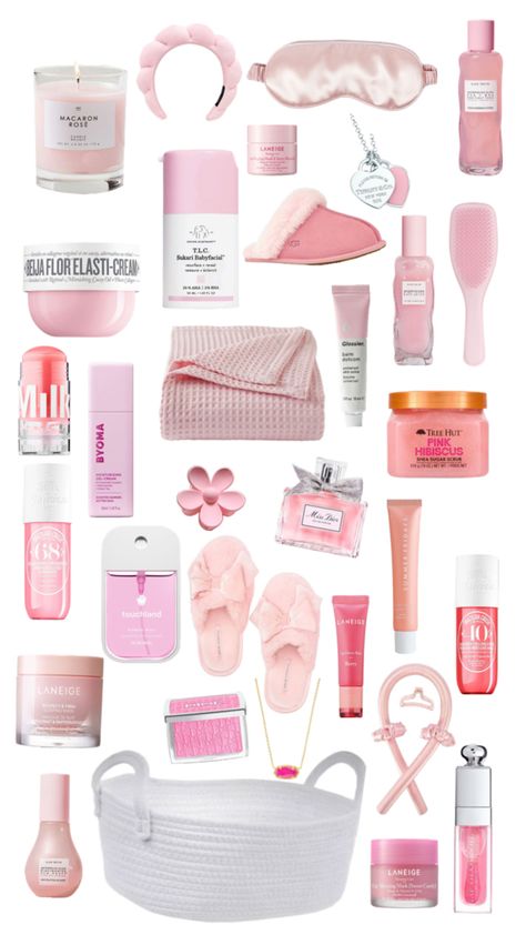 #pink gift basket ideas!! btw it isnt get all of this bc thats A LOT just what you would be appreciated 🩷🩷 hope this helps! 🌸✨💗#coquette #barbie #preppy #selfcare #cosy #gift #spa #treat #love #giftinspo #preppy #aesthetic A Gift Basket, Pink Teen Gifts, Pink Girly Gifts, Pink Basket Ideas, Girly Birthday Gift Ideas, Pink Christmas Gifts Ideas, Pink Christmas Basket Ideas, Pink Bday Gifts, Makeup Gift Basket