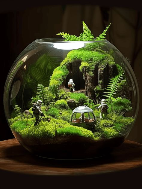 38 Fantastic Moss Terrarium Ideas You Can Have At Home Fake Plant Terrarium, Terrarium Miniatures, Fantasy Terrarium, Marimo Moss Ball Terrarium Ideas, Best Terrarium Plants, Closed Moss Terrarium, Moss Closed Terrarium, Terrarium Scene, Succulent Rock Garden