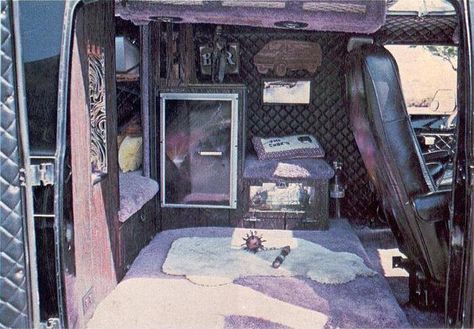 80s Van Interior, Hearse Car Custom Interior, Gothic Van Life, 70s Custom Van Interior, Goth Van Life, Goth Rv Interior, Hearse Interior, Goth Rv, Van Upholstery