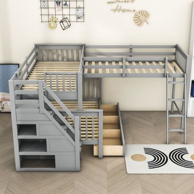 This L-shaped bunk bed has two twin-sized beds and a full-size bed, which can accommodate your family or overnight guests. The bed frame is made of high-quality pine, MDF, and plywood, which is firm and durable, supported by wooden slats, and does not need a box spring. Drawers and shelves provide ample storage space for your books, toys, clothing, and more. Due to different photographic light sources or your monitor, the actual color may be slightly different. Bed Frame Color: Gray | Harriet Be Sons Bedroom Ideas, Bunk Bed Full And Twin, Double Bunk Bed Designs, Cool Bunk Beds For Boys, L Shaped Beds Twin Shared Bedrooms Bunk, L Shaped Beds Twin Shared Bedrooms, 3 Kids Bedroom Ideas, L Shape Bunk Beds, Corner Bunk Beds Built In