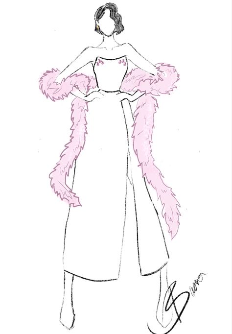 Pink feather boa thrown on top of a simple side slit  dress with pink beads on both corners of the top Feather Boa Illustration, Fur Scarf Drawing, Fur Boa Outfit, Feather Boa Drawing, Ironmouse Outfit, Feather Boa Outfit, Boa Outfit, Ruffles Drawing, Outfit Fanart