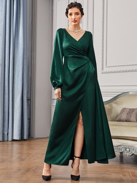 Lantern Sleeve Wrap Satin Dress Wrap Satin Dress, Dark Green Pattern, Arabian Clothing, Bride Dress Simple, Lantern Sleeve Dress, Prom Dresses Modest, Elegant Color, Graduation Outfit, Bishop Sleeve