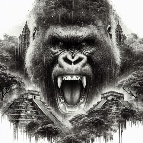 Gorilla Illustration Graphic Design, Gorilla Back Tattoo, Gorilla Tattoo Ideas For Men, King Kong Drawing, Gorilla Tattoo Ideas, King Kong Tattoo, Gorilla Tattoo Design, Gorilla Ink, Gorilla Illustration