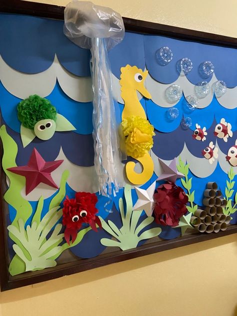 Under The Sea Class Decoration, Wave Paper Art, How To Make Ocean Waves With Paper, Seahorse Bulletin Board Ideas, Ocean Bulletin Board Ideas Preschool, Sea Animals Crafts For Kids, Sea Decoration Ideas Ocean Themes, Under The Sea Bulletin Board Ideas, Animal Art For Toddlers