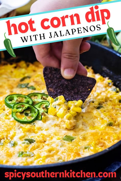 Hot Corn Dip with Jalapenos is a creamy, spicy, cheesy dip for tortilla chips that is so good, you’ll think you’ve died and gone to heaven. Corn Jalapeno Dip, Corn And Jalapeno Dip, Spicy Dips For Parties, Jalapeño And Corn Dip, Jalepeno Dip Recipes, Corn Jalepeno Dip Crock Pot, Chuey Jalepeno Dip, Corn Jalepeno Dip, Corn Salsa Dip