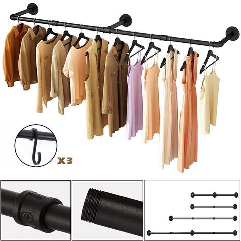 Strong Cast Iron Industrial Pipe Clothes Rack Garment Bar Hanging Rod Adjustable 7427274109407 | eBay Pipe Hanging Rack, Closet Rack Ideas, Closet Rod Ideas Hanging Clothes, Hanging Clothes Organization, Industrial Pipe Closet, Pipe Closet, Industrial Pipe Clothing Rack, Boutique Interiors, Industrial Closet