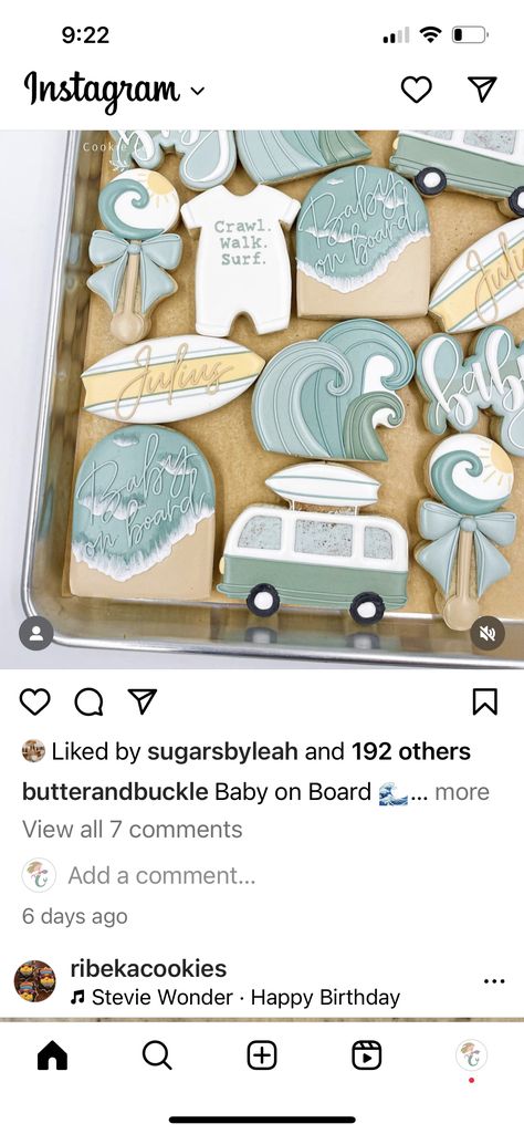 Surf Theme Cookies, Surf Board Cookies, Beach Baby Shower Cookies, The Big One Surf Birthday Cookies, Baby On Board Cookies, Surf Theme Baby Shower Boy, Surfer Cookies, The Big One Cookies, Surfer Baby Shower Ideas