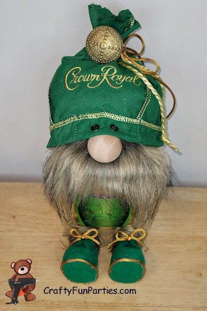 How To Make A Crown Royal Gnome, Crown Royal Bag Gnomes Diy, Crown Bag Crafts, Crown Royal Gnomes Diy, Crown Royal Gnomes, Wine Bottle Gnomes, Crown Royal Bottle Crafts Diy, Crown Royal Diy, Crown Bottles