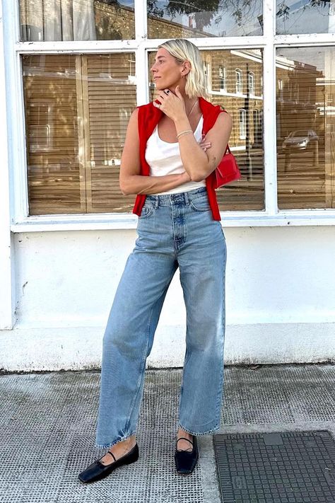 Flats Jeans Outfit, Denim Flats Outfit, Styling Mary Jane Flats, Rothy’s Mary Jane Outfit, Mary Jane Flats Outfits, Red Mary Jane Flats Outfit, Red And Denim Outfits, Blue Jeans Summer Outfit, Mary Janes With Jeans