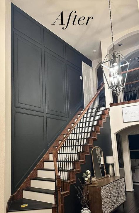 Accent Wall Staircase, Stair Accent Wall, Staircase Accent Wall, Stairwell Accent Wall, Stairway Walls, Stairway Wall, Interior Stair Railing, Dark Accent Walls, Staircase Wall Decor