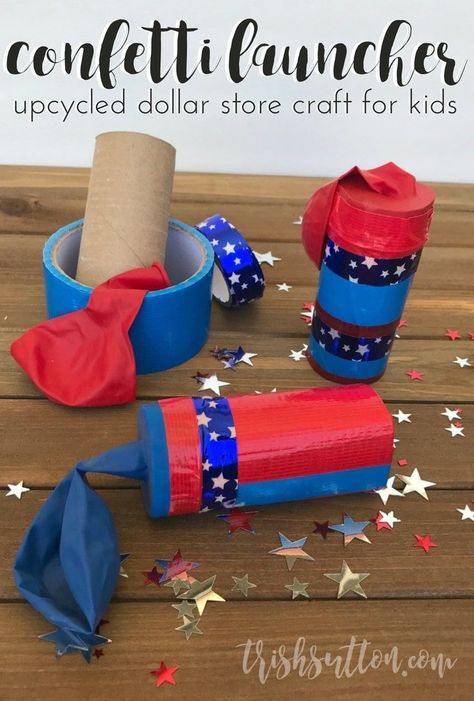 Dollar Store Kids Confetti Launcher - a fun idea to celebrate 4th of July, New Year's Eve or a child's birthday party. TrishSutton.com Random Holidays, 1st Birthday Games, Birthday Games For Kids, Fourth Of July Crafts For Kids, 4th Of July Games, Diy Confetti, Primary Activities, July Ideas, Patriotic Crafts