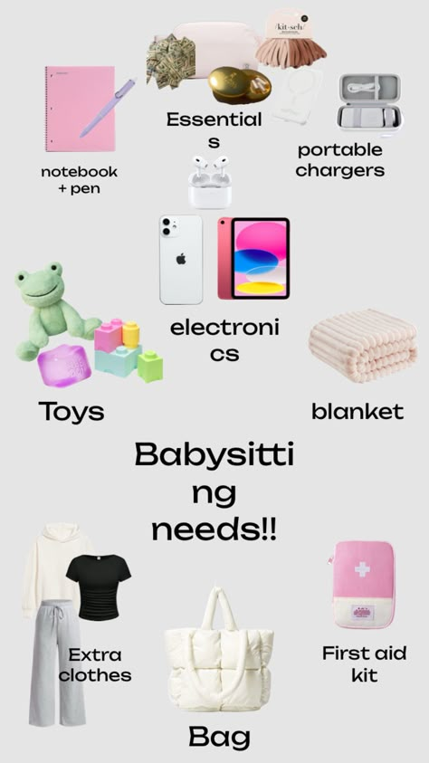 Babysitting needs!! Beginner Babysitting Tips, Babysitting Bag Checklist, How To Babysit, How To Start A Babysitting Business, How To Start Babysitting, Babysitting Essentials, Babysitting Flyers Ideas, Babysitter Bag, Babysitting Binder