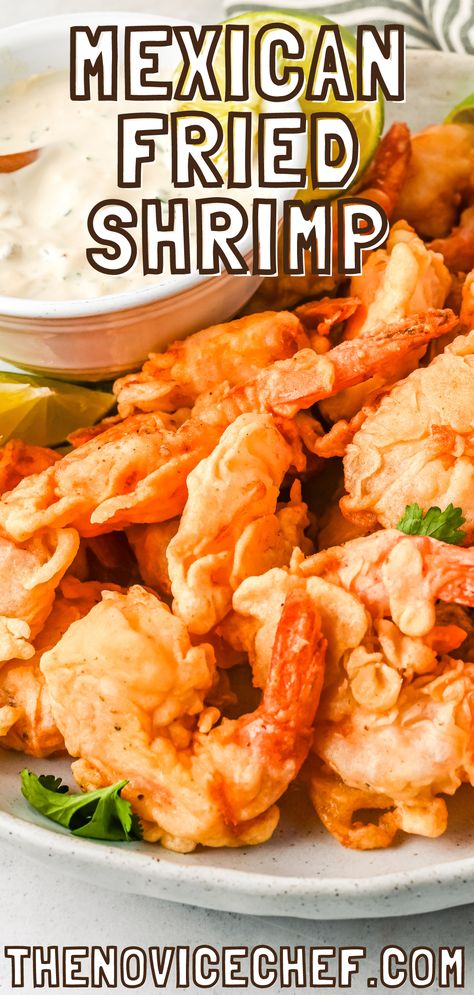 These easy Mexican fried shrimp are tossed in a simple batter for unbelievable golden crispiness. Served with a spicy, chunky, and creamy dipping sauce on the side, you won't believe they're ready in less than an hour! Mexican Fried Fish, Cajun Fried Shrimp, Fried Shrimp Batter, Shrimp Batter, Mexican Fries, Creamy Dipping Sauce, Shrimp Tacos Easy, Fried Shrimp Recipes, Spicy Dipping Sauce