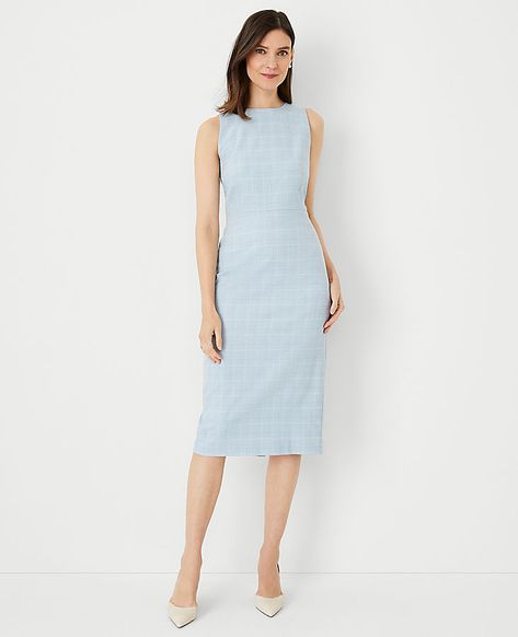 In a flattering longer length, our windowpane sheath dress is the perfect checkmate for the season. Crew neck. Sleeveless. Hidden back zipper with hook-and-eye closure. Back vent. Lined.,Hit:Hits below the knee,Imported:Imported,Length:30" from natural waist,Fabrication:Shell: 67% Polyester, 31% Rayon, 2% Spandex; Lining: 100% Polyester,Garment Care:Machine Washable The Longer Sheath Dress in Windowpane by Ann Taylor Size regular - 18 Blue Multi Women's Sheath, Regular, Crew, Neck, Short, Sleeve Formal Evening Wear, 40 Dress, Stylish Clothes For Women, Tweed Dress, Business Dresses, Petite Women, Professional Outfits, Chic Woman, Classy Outfits