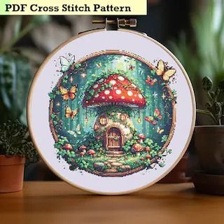 CraftyNinjaDigital - Etsy UK Cross Stitch Nature Pattern, Clock Cross Stitch, Camping Cross Stitch Patterns, Fairy Mushroom House, Cross Stitch Camping, Cross Stitch Graph, House Cross Stitch, Fairy Mushroom, Colourful Cross Stitch