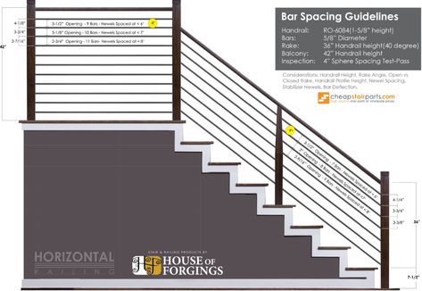 Horizontal Bar Spacing Guide - Cheap Stair Parts Modern Balustrade, Horizontal Railing, House Of Forgings, Metal Stair Railing, Modern Stair Railing, Metal Railing, Stair Well, Handrail Design, Stair Rail