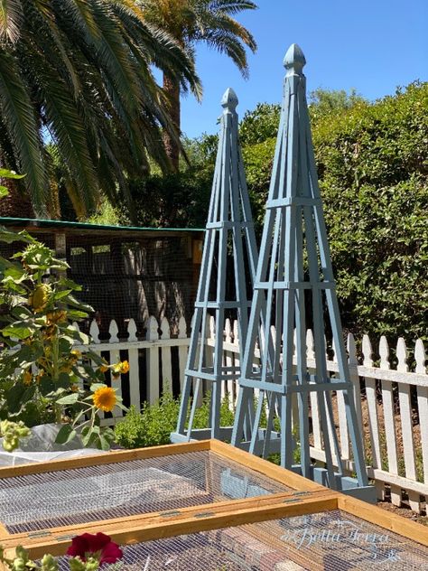 How to Build a Garden Obelisk | Life at Bella Terra Obelisk Trellis Diy How To Build, Garden Bed Trellis, Driveway Circle, Beach Garden Ideas, Obelisk Diy, Cut Flower Garden Ideas, Plant Climbing Wall, Plants Outdoor Ideas, French Blue Paint