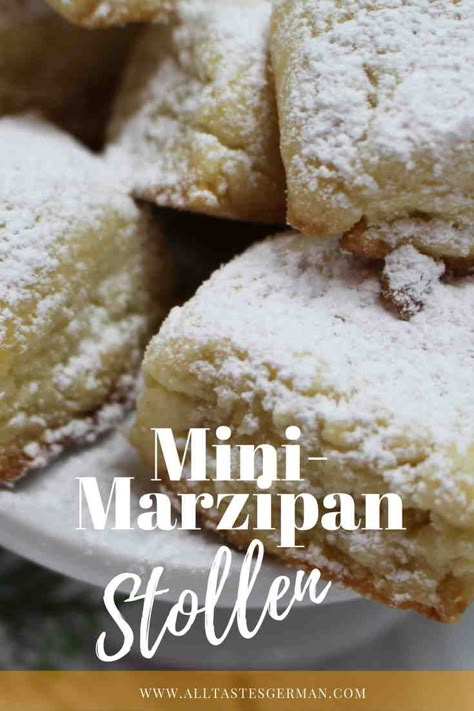 Stollen with Marzipan Filling - All Tastes German Stollen Cookies Recipe, Cookies With Marzipan, Recipes With Marzipan, Marzipan Recipe Desserts, Marzipan Cookies Christmas, Stollen Cookies, Marzipan Pastry, Marzipan Desserts, Marzipan Cookies Recipe