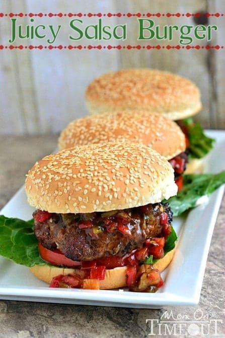 Juicy Salsa Burgers | MomOnTimeout.com Salsa Burgers, Salsa Burger, Burger Board, Hamburger Recipes, Burger Bar, Burgers Sandwiches, Delicious Burgers, Good Burger, Cooking On The Grill