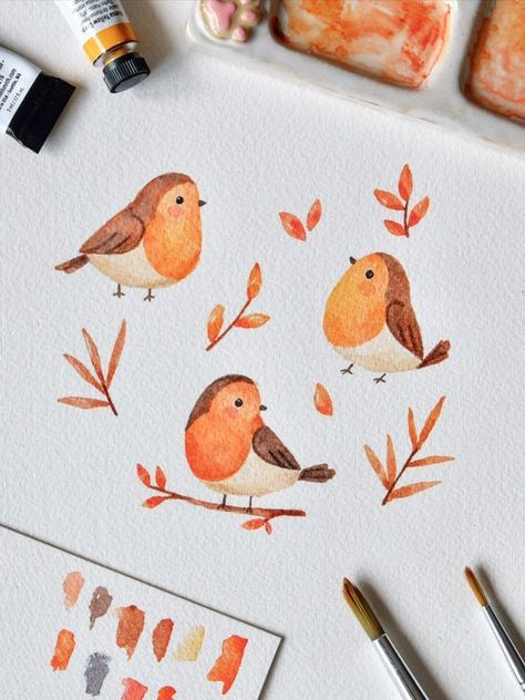 Original Little Robin Bird Painting - Cute Bird Illustration Watercolor Animals Art, Doodle Watercolor Illustrations, Watercolor Kawaii Art, Beginner Painting Watercolor, Fall Art Watercolor, Cute Watercolor Illustration, Watercolor Illustration Ideas, Watercolor Art Beginner, Gouache Illustrations Simple