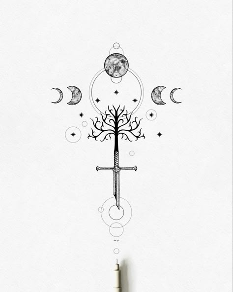 Fine Line Lord Of The Rings Tattoo, Lotr Fine Line Tattoo, Lotr Tattoo Ideas, Tree Of Gondor Tattoo, Elvish Tattoo, Fine Line Tattoo Designs, Line Tattoo Designs, Yggdrasil Tattoo, Tolkien Tattoo