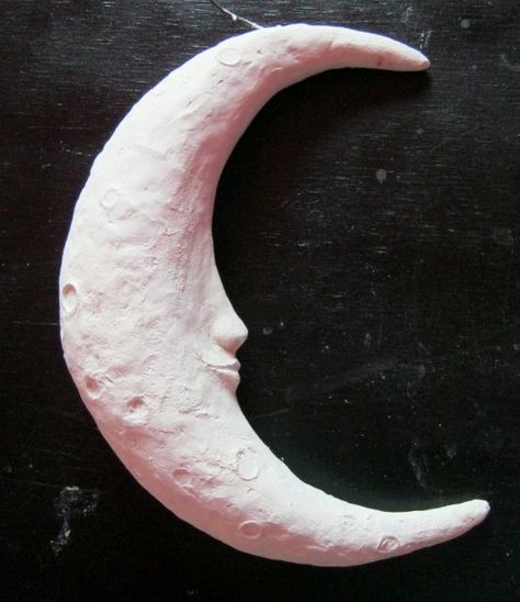 Decorated Mugs, Paper Mache Head, Crescent Moon Art, Paper Clay Art, Moon Hanging, Paper Mache Projects, Hanging Sculpture, Moon Crafts, Halloween Folk Art