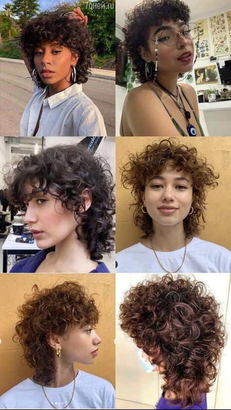 Womens Mullet Curly, Short Hair Mullet Curly, 4c Shag Haircut, Wolfcut Mullet Curly Hair, Curly Shag Mullet Women, Curly Hair Female Mullet, 80s Short Curly Hair, 3b Mullet Hair, Queer Curly Hairstyles