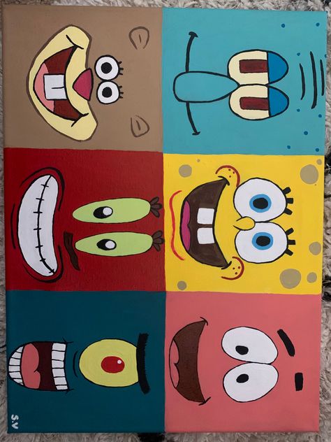 Easy Things To Paint On Canvases Disney, Cartoon Character Painting Ideas, Spongebob Painting Canvases Easy, Easy Spongebob Painting, Things To Draw On A Canvas, Cartoon Paintings Easy Canvas, Matching Painting Ideas, Easy Thing To Paint On Canvases, Spongebob Painting Ideas