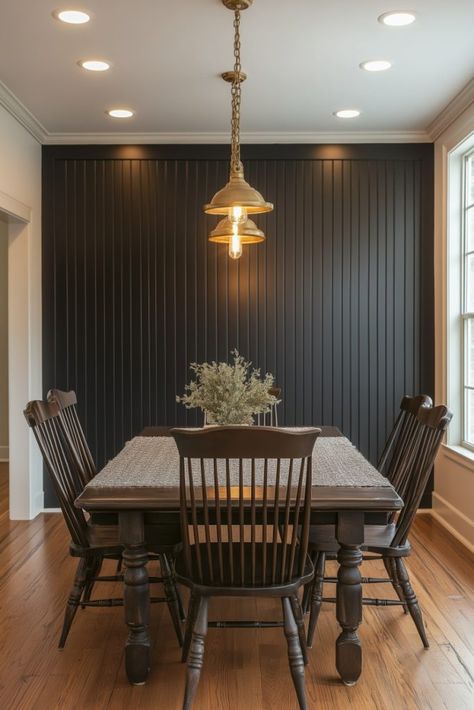 39 Black Accent Wall Designs for a Bold Home Makeover Moody Kitchen Accent Wall, Black Accent Walls In Dining Room, Panel Accent Wall Dining Room, Black Paneling Wall, Modern Accent Wall Dining Room, Accent Wood Panel Wall, Painted Ceiling And Accent Wall, Diy Dining Room Accent Wall Ideas, Geometric Wall Design Ideas