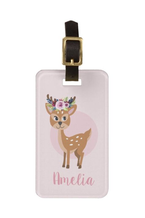 This cute and whimsical kids luggage tag features an adorable, hand designed deer with flowers and a pink background. This lovely floral design also features a place for you to add your girl's name. The perfect girly reindeer themed design for any kid's first trip! Check out our collection for the matching passport case. #pinkluaggetag #kidsluggagetag #cute #kidsgift #deerluggagetag Deer With Flowers, Kids Luggage Tags, Kids Gift Ideas, Passport Case, Luggage Bag, Bag Tag, Kids Luggage, Travel In Style, Gorgeous Gift