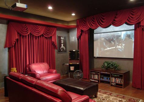 This Home Theater was enhanced with some traditional velvet drapes and swagged valances, creating a vintage look while blocking light from the window. Theater Curtains, Home Theater Curtains, Basement Movie Room, Hollywood Theater, Home Theater Room Design, Theater Rooms, Theatre Curtains, Theater Room Design, Home Cinema Room