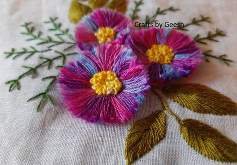 Turkey work aka fringe stitch 😊😊 Step by step tutorial is available in YouTube 3 D Flower Embroidery, Tassel Flower Embroidery, Turkey Stitch Embroidery, Feather Stitch Embroidery Design Flower, Spring 3d Embroidery Flower Fabric, Pom Pom Flower, Fluffy Flowers, Dimensional Embroidery, Hand Embroidery Patterns Free