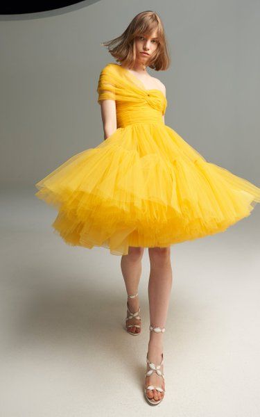 Off-The-Shoulder Tulle Mini Dress By Giambattista Valli | Moda Operandi Modest Tulle Dress, Yellow Gowns, Yellow Tulle Dress, 45 Birthday, Academic Style, Tulle Dress Long, Valentine Collection, Fancy Dresses Party, Yellow Gown