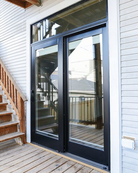 Kitchen Patio Doors, Exterior Patio Doors, Patio Door Blinds, Black Exterior Doors, Dark Doors, Sliding Doors Exterior, Black Patio, Slider Door, French Doors Exterior