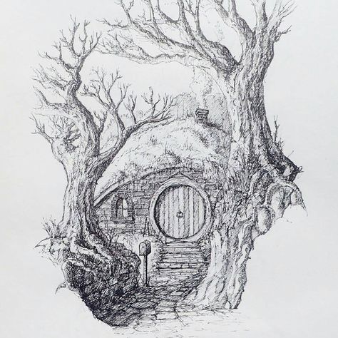 Here's a beautifully illustrated piece of #fantasyart by Sam Gillet (@samgilletillustrations) of a door to a hobbit hole based in J.R.R. Tolkien's world of Middle Earth. I'm unsure whether the drawing is meant to be a different renditions of Baggend the home of Bilbo & Frodo Baggins of Lord of the Rings fame or if this is the home of a different family of hobbits. Either way I absolutely love the trees that flank the stout round wooden door and the detailed brickwork that serves to retain some s Ring Sketch, Lord Of The Rings Tattoo, John Howe, Middle Earth Art, Tolkien Art, Lotr Art, Hobbit Hole, Ring Tattoos, Fantasy Magic