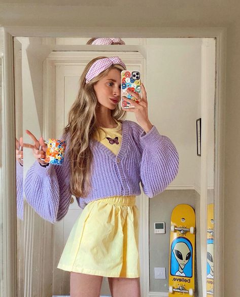 Cropped Coat, Pastel Outfit, Purple Outfits, Yellow Outfit, Cute Cardigans, Sweater Coat, Summer Fits, Coat Women, Loose Sweater