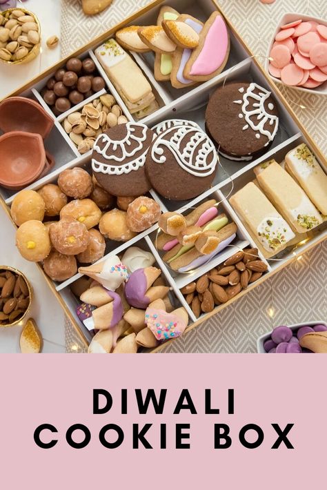 Diwali Cookie Box with diya sugar cookies, rasmalai shortbread, and mango cream cheese doughnut holes. Diwali Baking Ideas, Diwali Dessert Hampers, Mithai Boxes Packing, Desert Box Gift, Diwali Gift Box Ideas, Diwali Cake, Sweet Platter, Fusion Desserts, Gift Wrapping Birthday